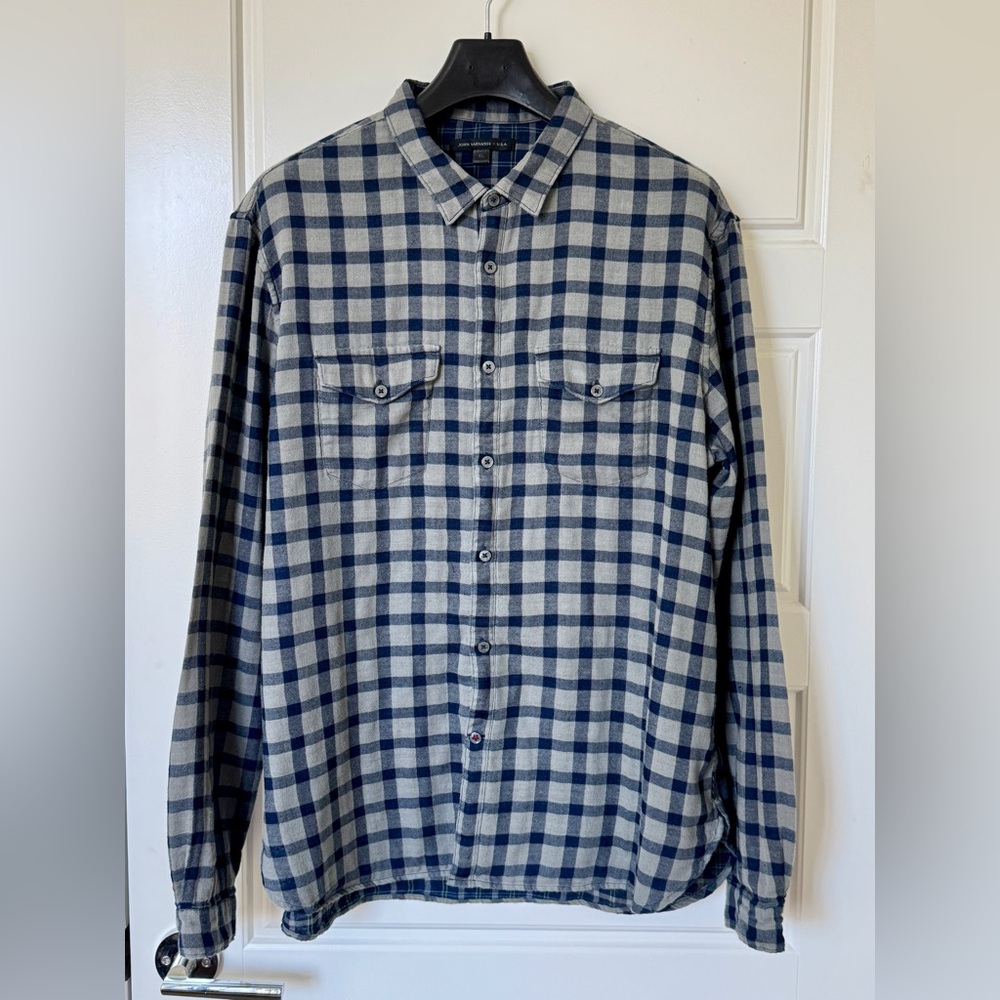 John Varvatos Navy and White Plaid Men's Shirt XL